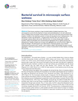 Bacterial Survival in Microscopic Surface Wetness Maor Grinberg†, Tomer Orevi†, Shifra Steinberg, Nadav Kashtan*