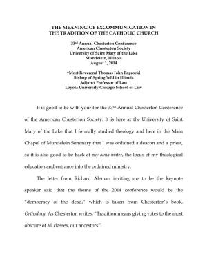 The Meaning of Excommunication in the Tradition of the Catholic Church