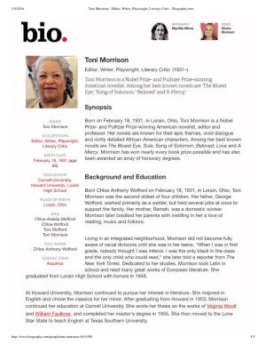 Toni Morrison - Editor, Writer, Playwright, Literary Critic - Biography.Com