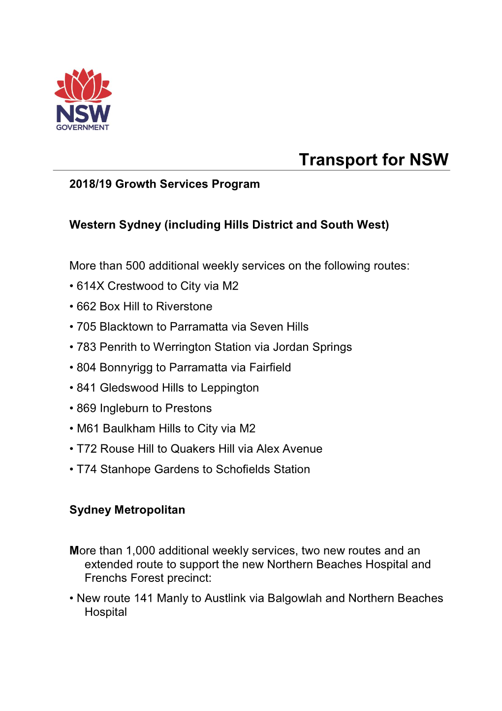 Transport for NSW 2018/19 Growth Services Program