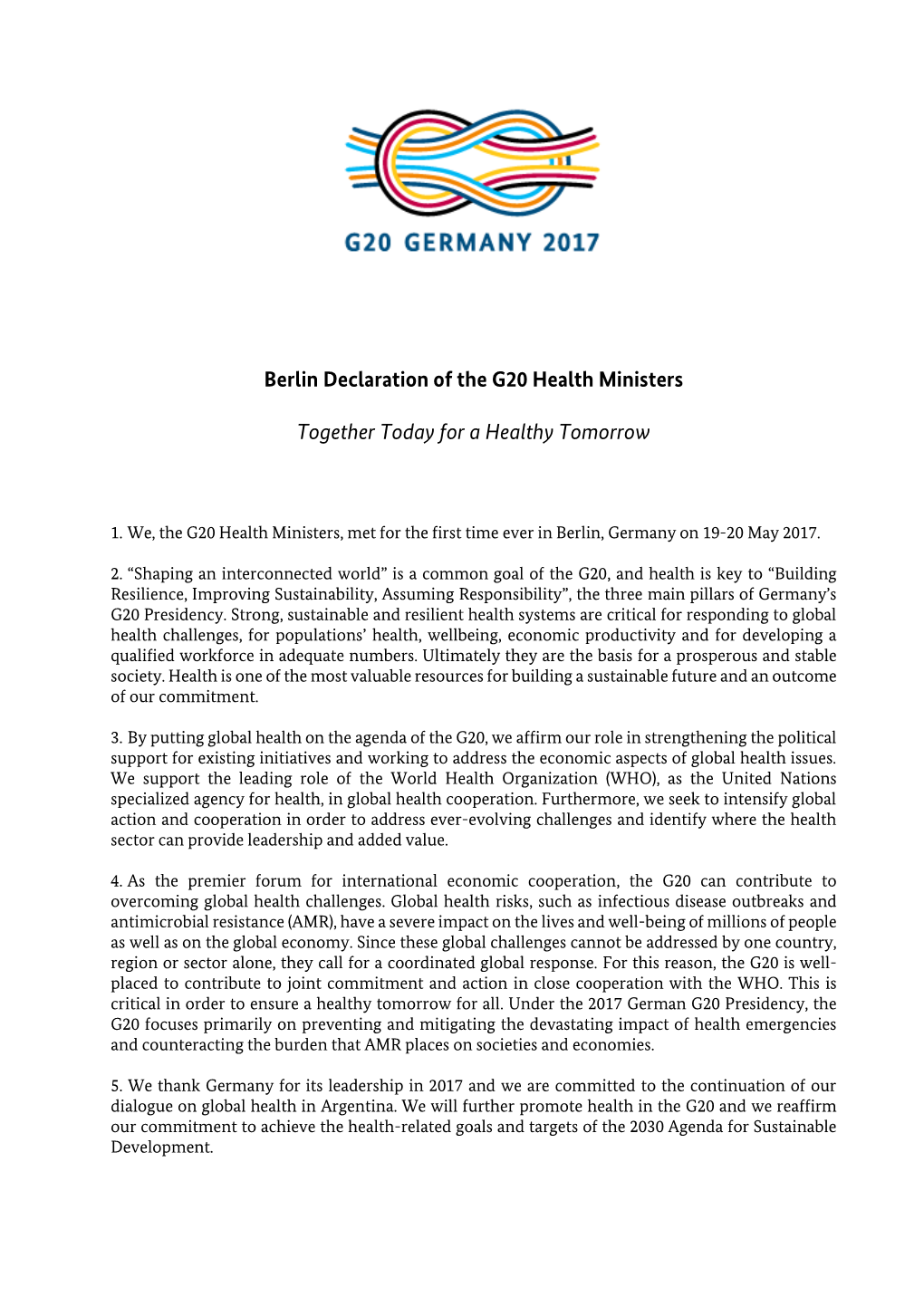 The Berlin Declaration of the G20 Health Ministers (2017)