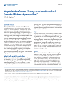 Vegetable Leafminer, Liriomyza Sativae Blanchard (Insecta: Diptera: Agromyzidae)1 John L