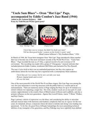 Uncle Sam Blues"-- Oran "Hot Lips" Page, Accompanied by Eddie Condon's Jazz Band (1944) Added to the National Registry: 2008 Essay by Todd Bryant Weeks (Guest Post)*