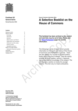 A Selective Booklist on the House of Commons House of Commons Information Office Factsheet G2