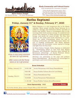 Ratha Saptami Friday, January 31St & Sunday, February 2Nd, 2020