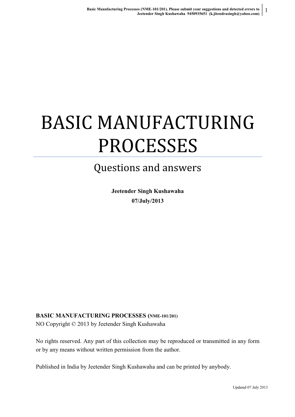 Basic Manufacturing Processes: Questions and Answers