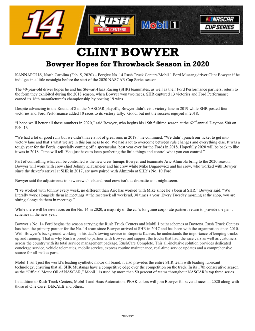 CLINT BOWYER Bowyer Hopes for Throwback Season in 2020