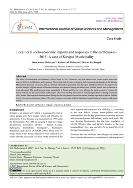Local Level Socio-Economic Impacts and Responses to the Earthquakes- 2015: a Case of Kirtipur Municipality