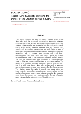 SONJA DRAGOVIĆ ∗ Tailors Turned Activists: Surviving the Demise of the Croatian Textile Industry