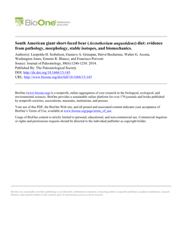 Arctotherium Angustidens) Diet: Evidence from Pathology, Morphology, Stable Isotopes, and Biomechanics