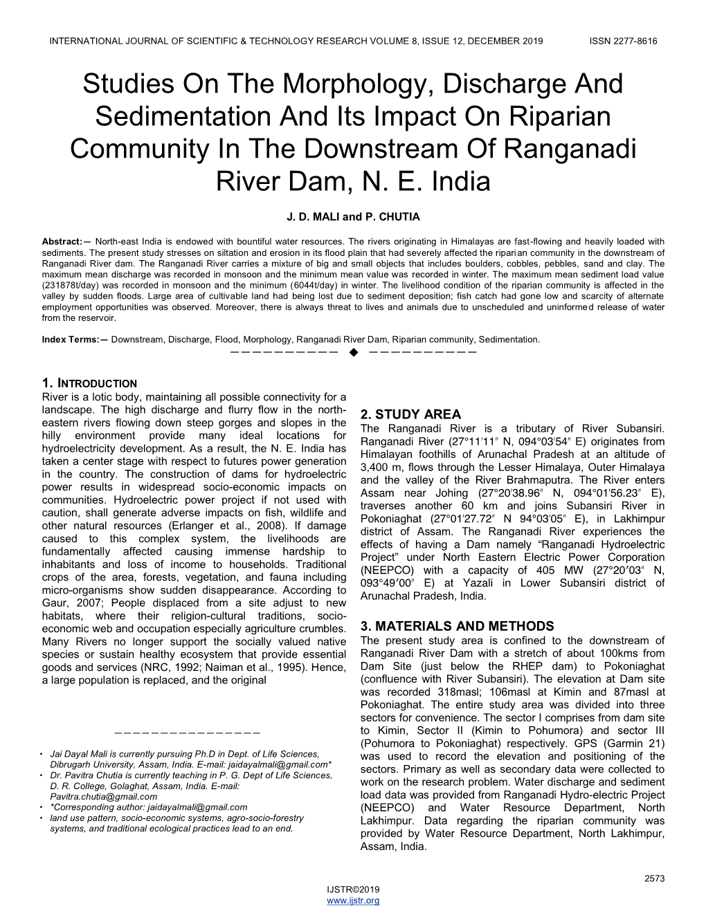 Studies on the Morphology, Discharge and Sedimentation and Its Impact on Riparian Community in the Downstream of Ranganadi River Dam, N