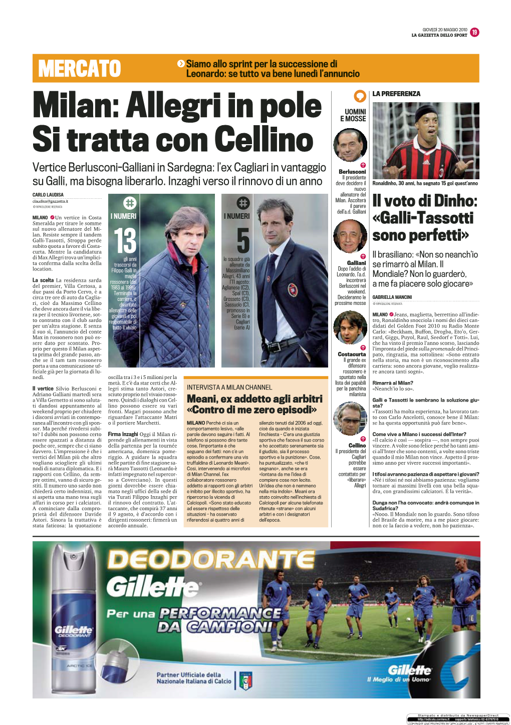 Milan: Allegri in Pole Si Tratta Con Cellino