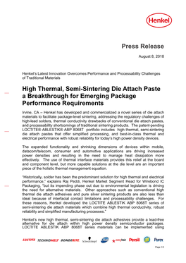 Press Release High Thermal, Semi-Sintering Die Attach Paste A