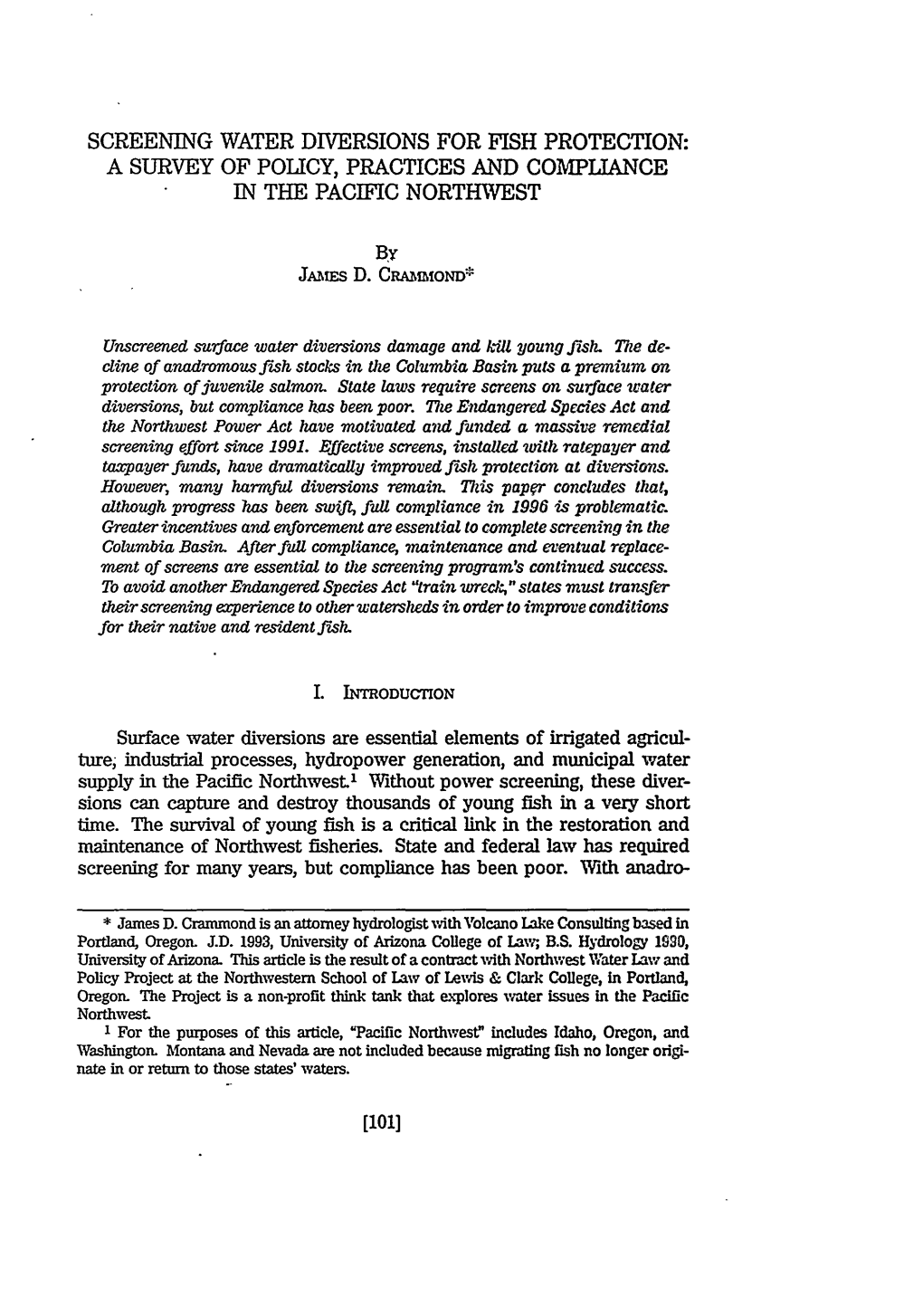 Screening Water Diversions for Fish Protection: a Survey of Policy, Practices and Compliance in the Pacific Northwest