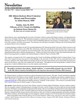 Newsletter of the ATHENS HISTORICAL SOCIETY June 2010 P.O