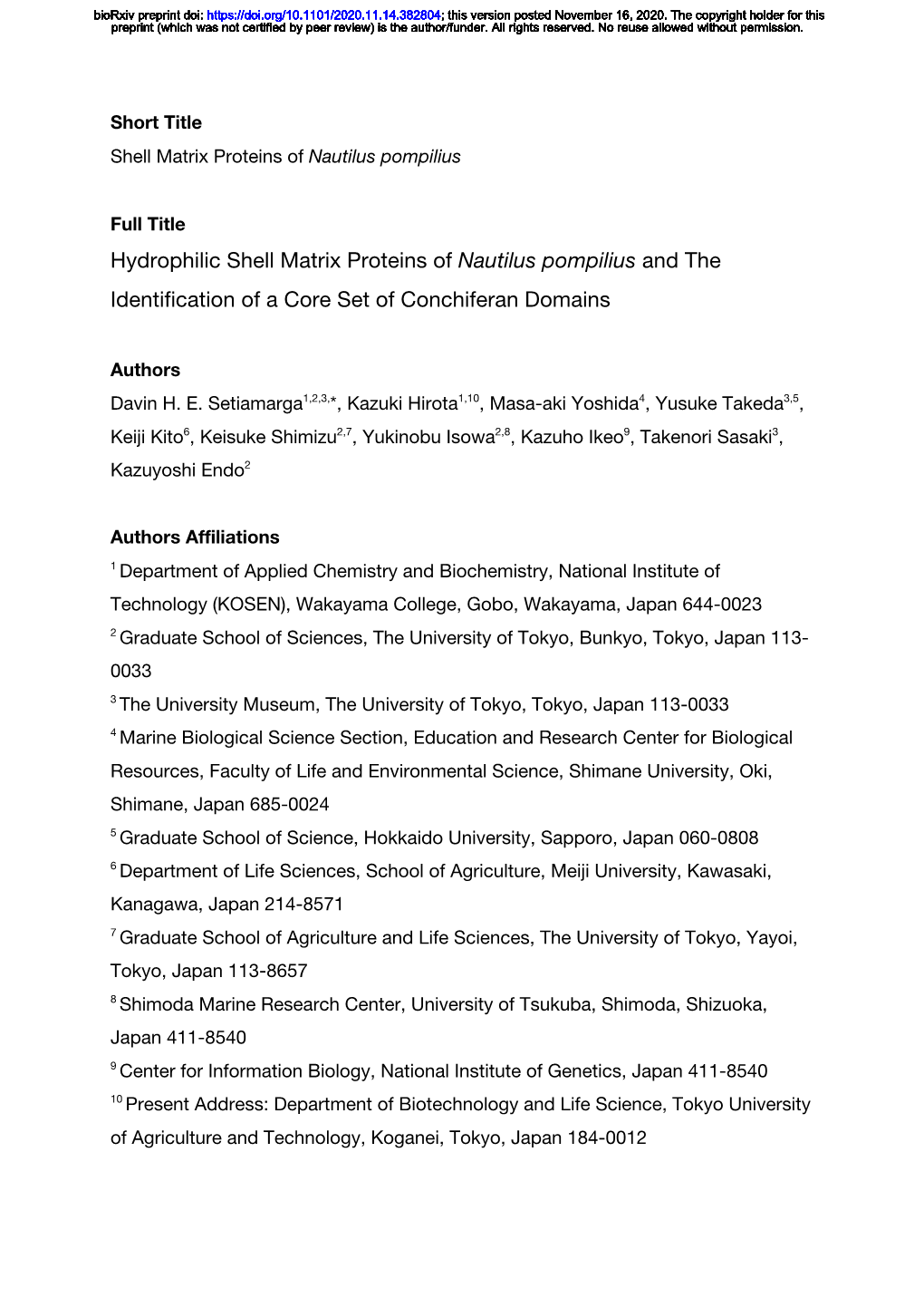 Hydrophilic Shell Matrix Proteins of Nautilus Pompilius and the Identification of a Core Set of Conchiferan Domains