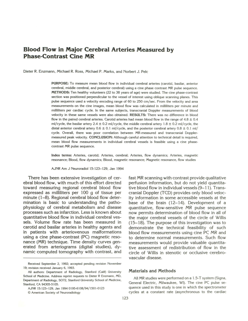 Blood Flow in Major Cerebral Arteries Measured by Phase-Contrast Cine MR