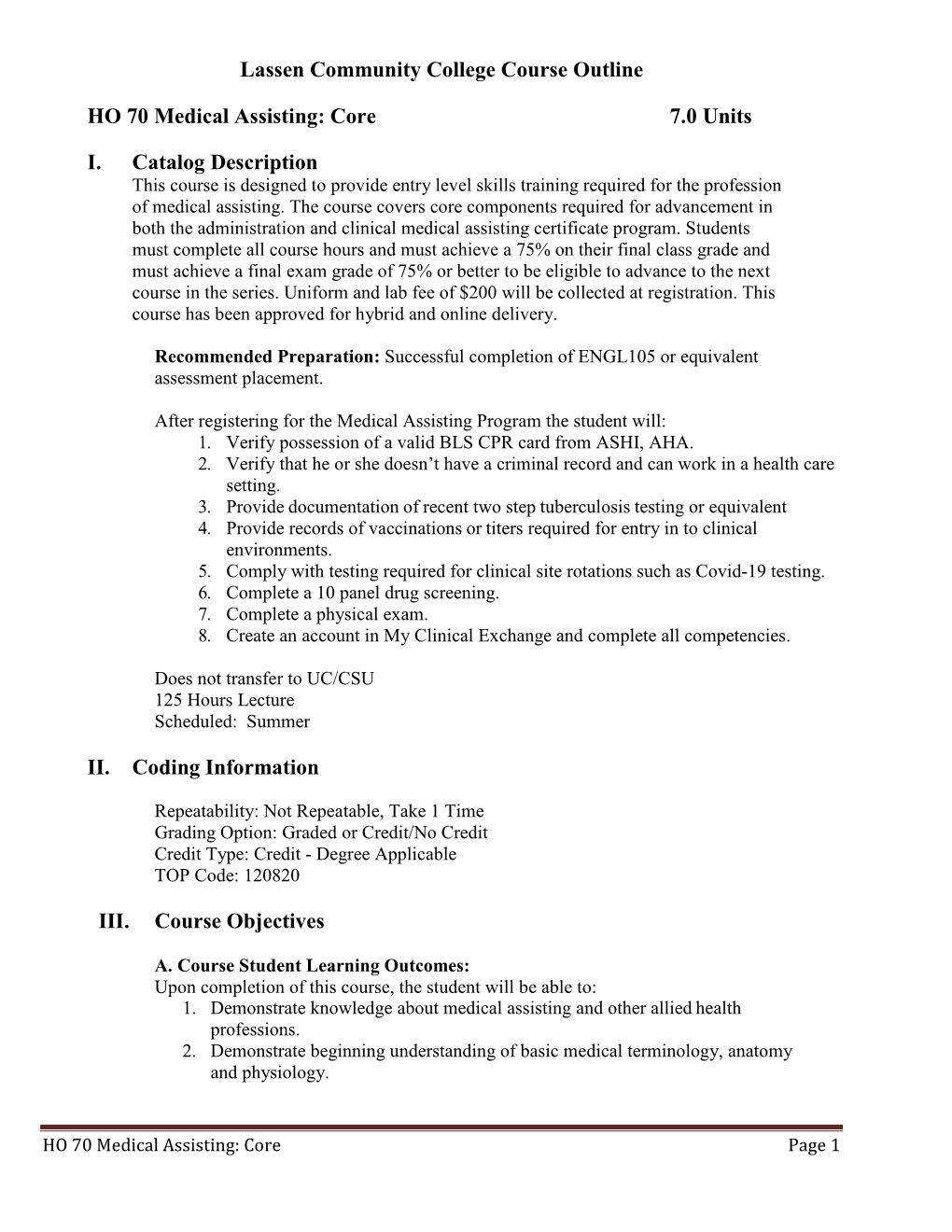 Lassen Community College Course Outline HO 70 Medical Assisting