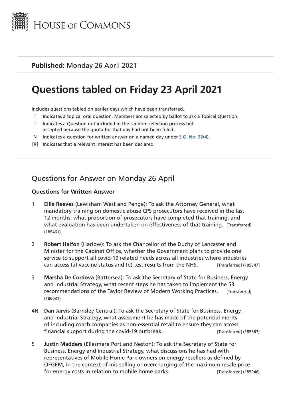 Questions Tabled on Fri 23 Apr 2021