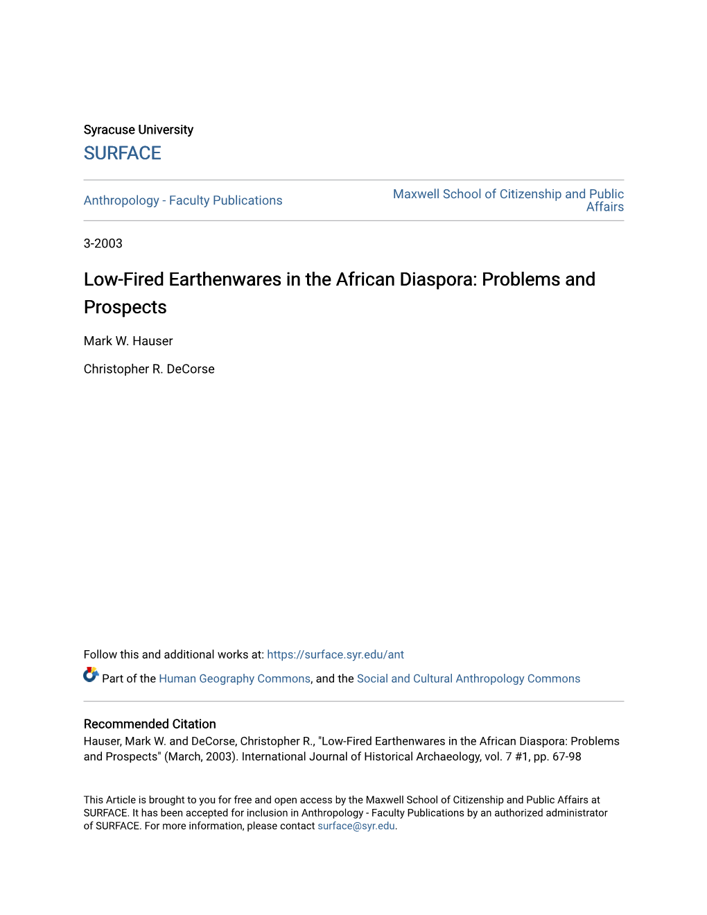 Low-Fired Earthenwares in the African Diaspora: Problems and Prospects