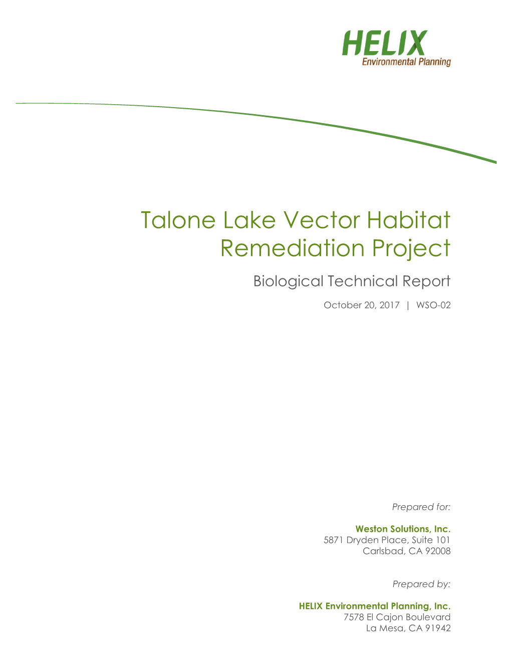 Talone Lake Vector Habitat Remediation Project Biological Technical Report