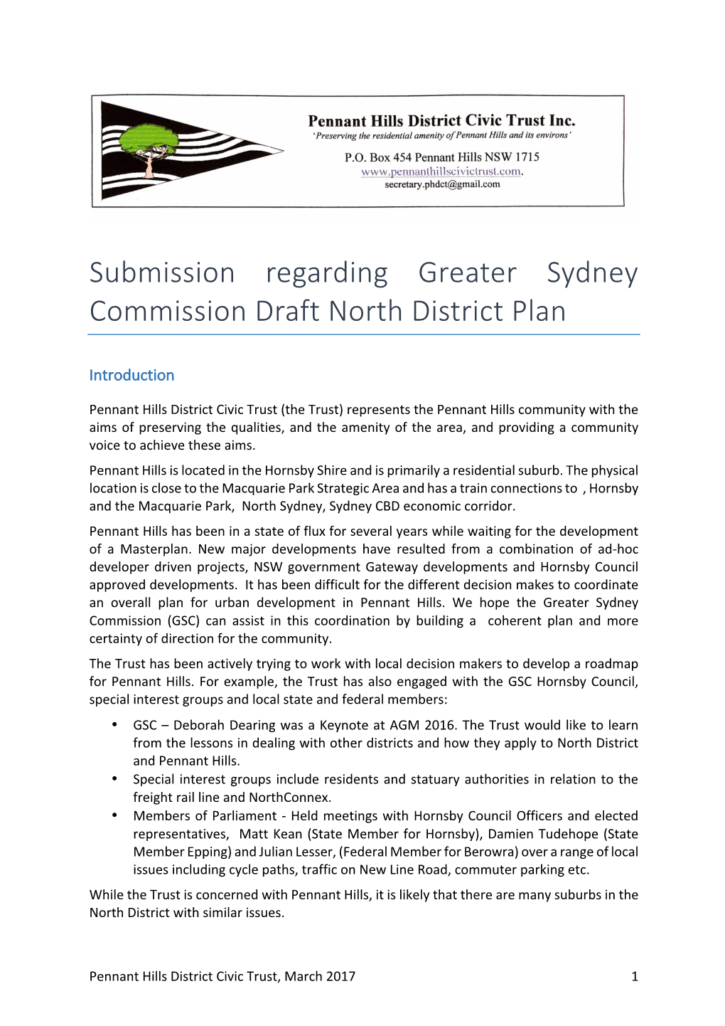 Submission Regarding Greater Sydney Commission Draft North District Plan