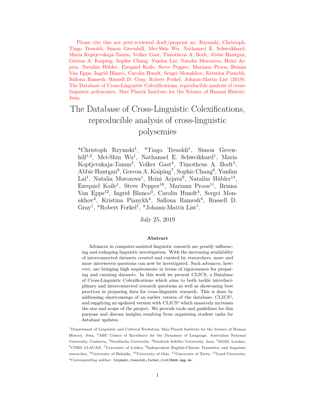 The Database of Cross-Linguistic Colexifications, Reproducible Analysis of Cross- Linguistic Polysemies