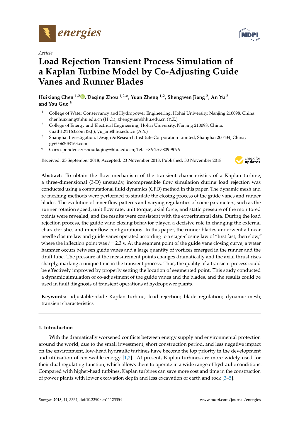 Load Rejection Transient Process Simulation of a Kaplan Turbine Model by Co-Adjusting Guide Vanes and Runner Blades