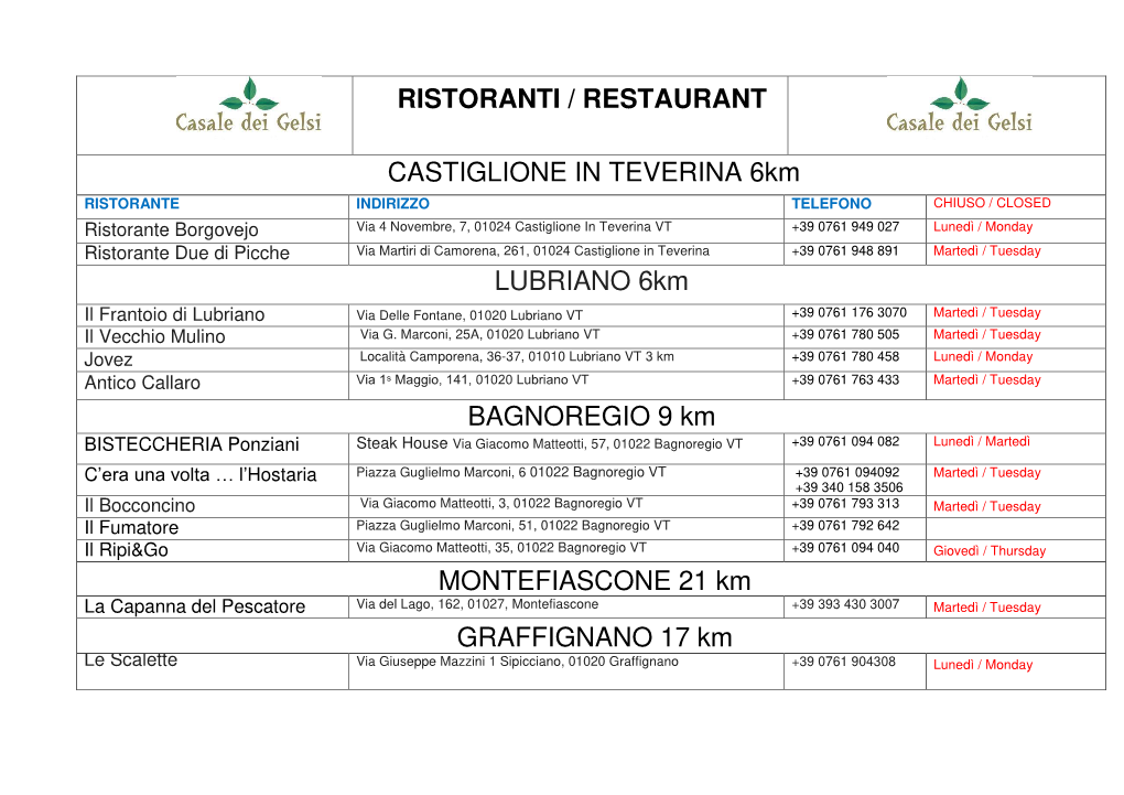 RISTORANTI / RESTAURANT CASTIGLIONE in TEVERINA 6Km