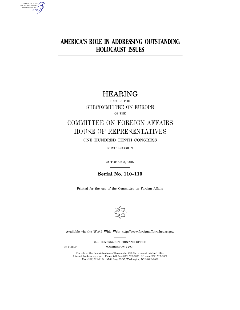 America's Role in Addressing Outstanding Holocaust Issues Hearing