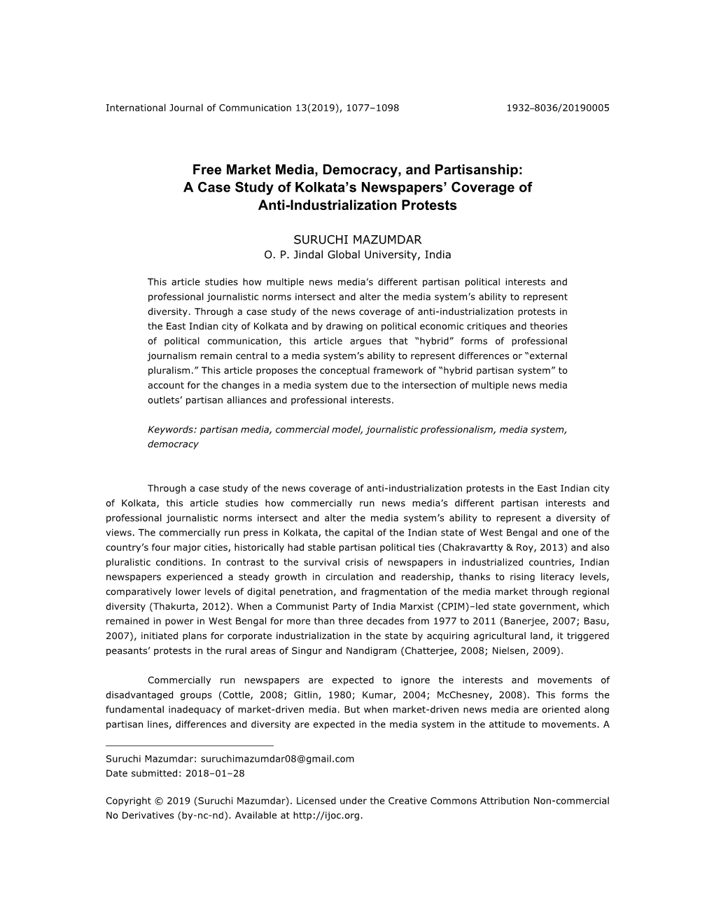 Free Market Media, Democracy, and Partisanship: a Case Study of Kolkata’S Newspapers’ Coverage of Anti-Industrialization Protests