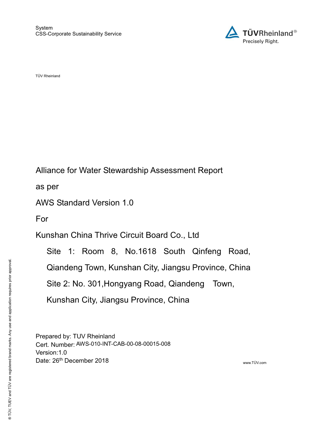 Alliance for Water Stewardship Assessment Report As Per AWS Standard Version 1.0 for Kunshan China Thrive Circuit Board Co