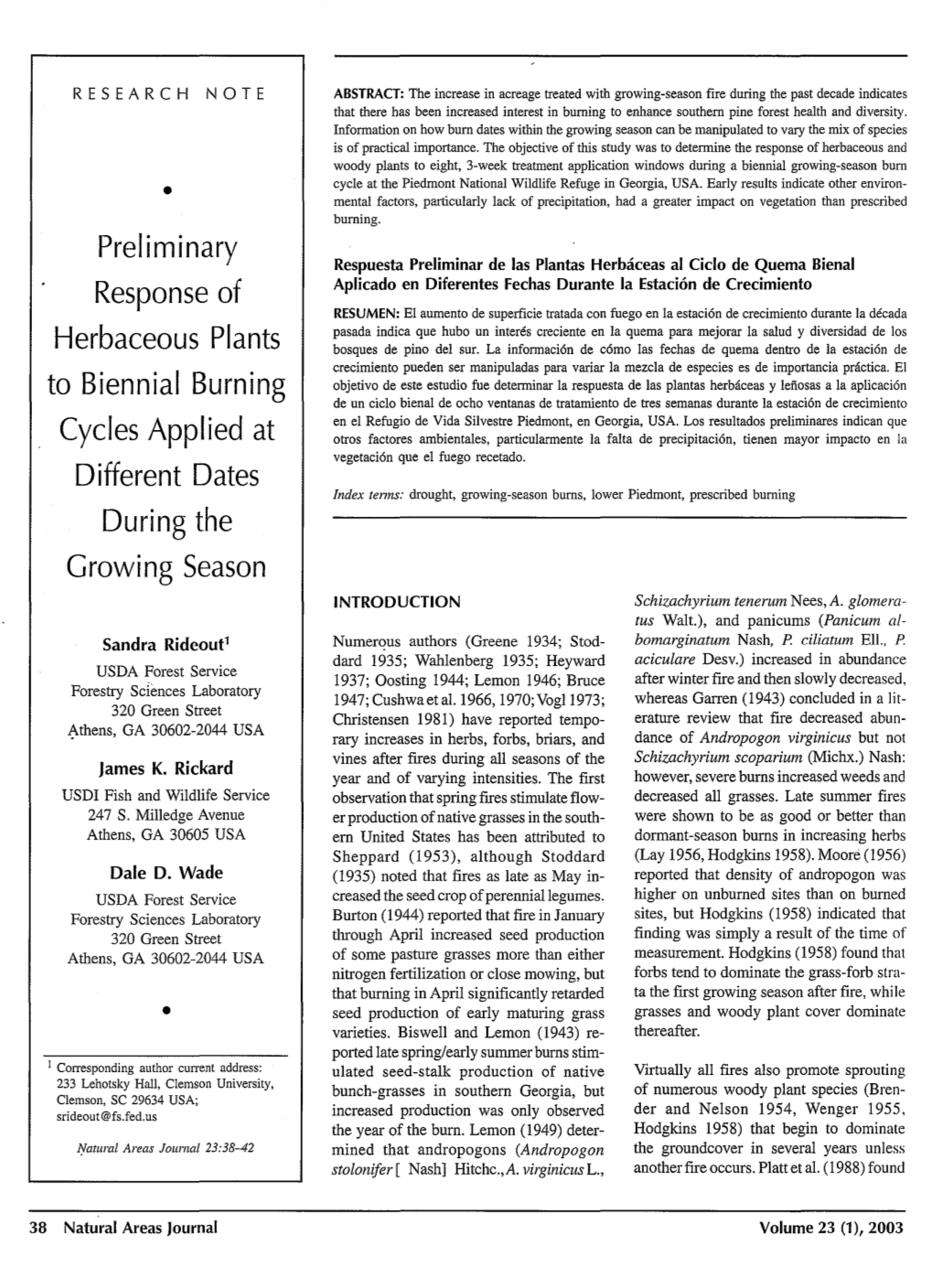 Preliminary Response of Herbaceous Plants