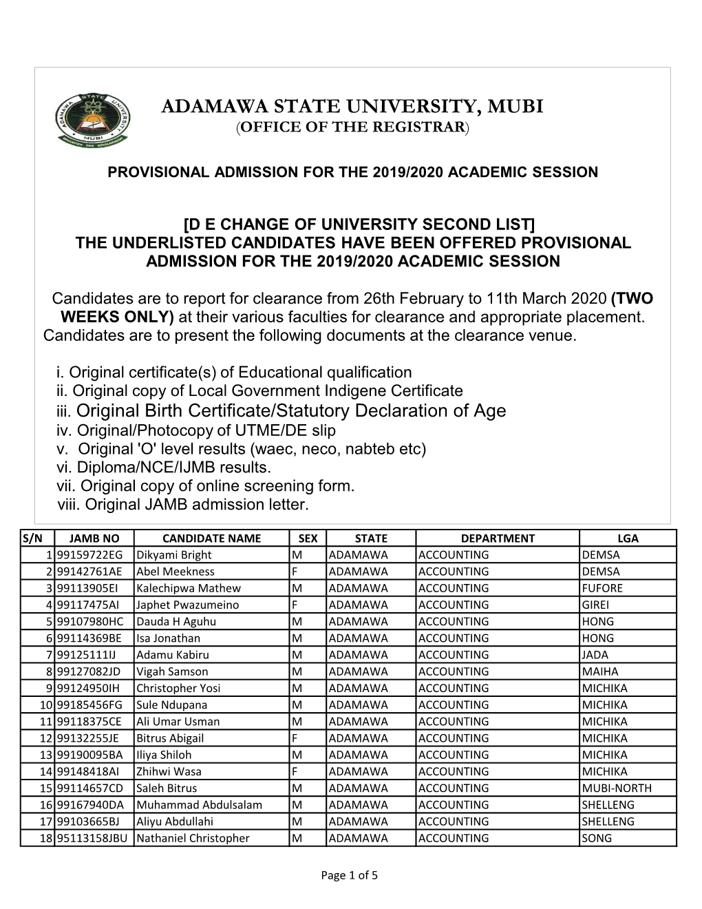 Adamawa State University, Mubi (Office of the Registrar)