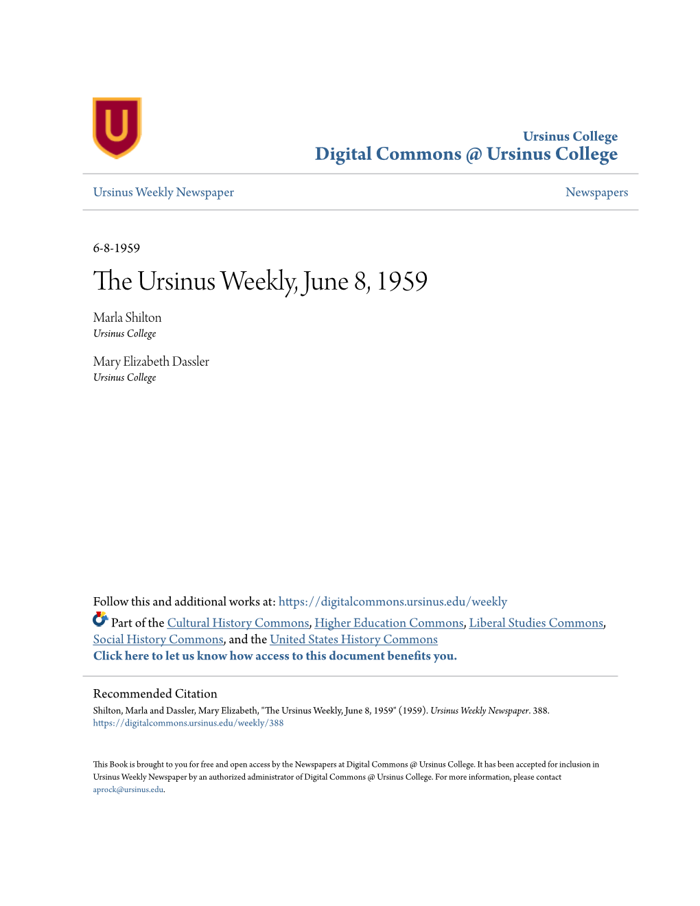 The Ursinus Weekly, June 8, 1959
