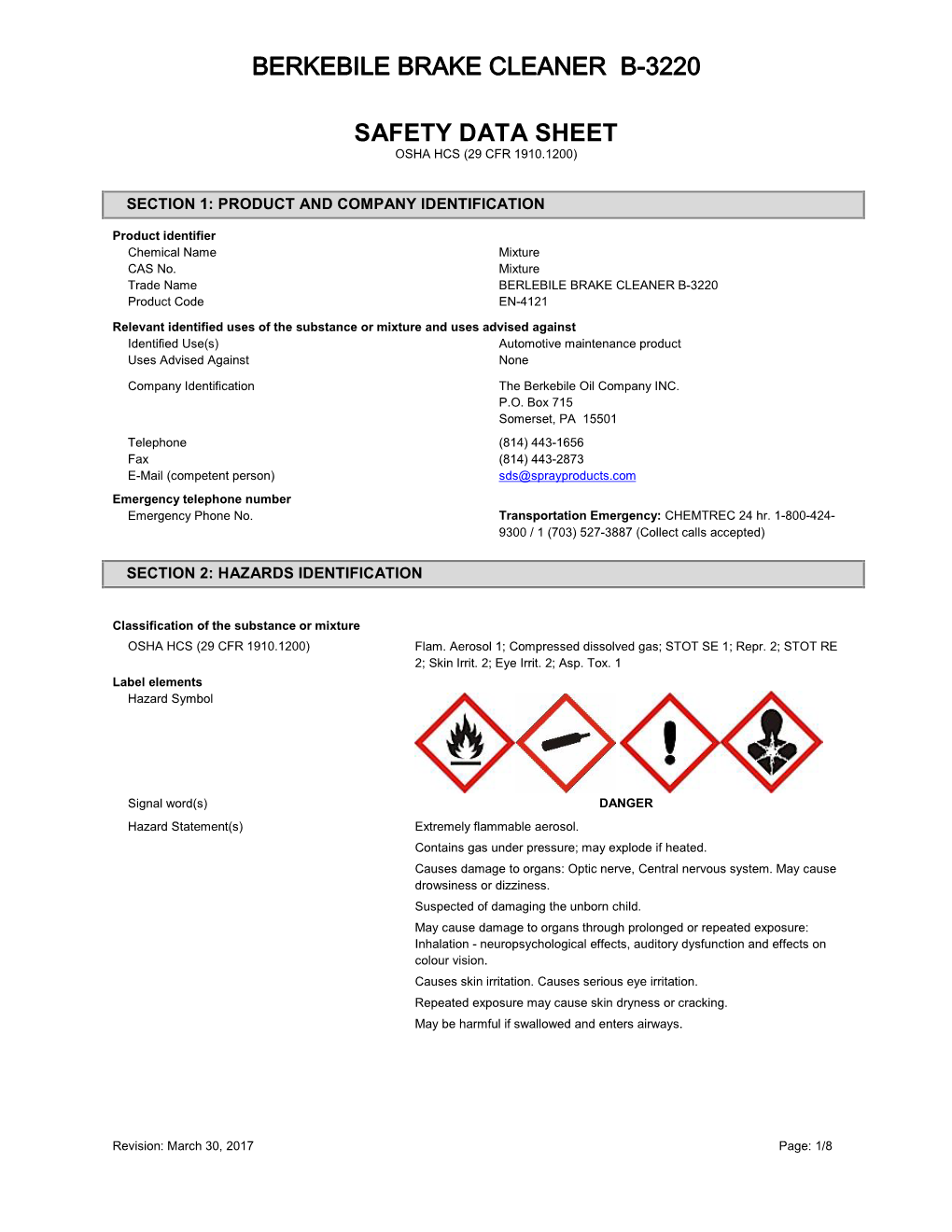 Berkebile Brake Cleaner B-3220 Safety Data Sheet