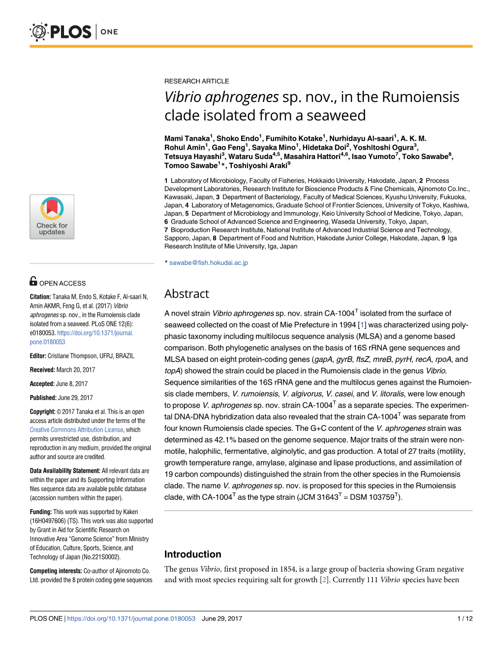 Vibrio Aphrogenes Sp. Nov., in the Rumoiensis Clade Isolated from a Seaweed