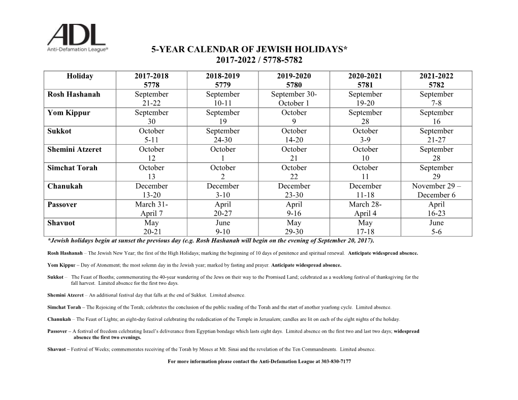 5-Year Calendar of Jewish Holidays* 2017-2022 / 5778-5782