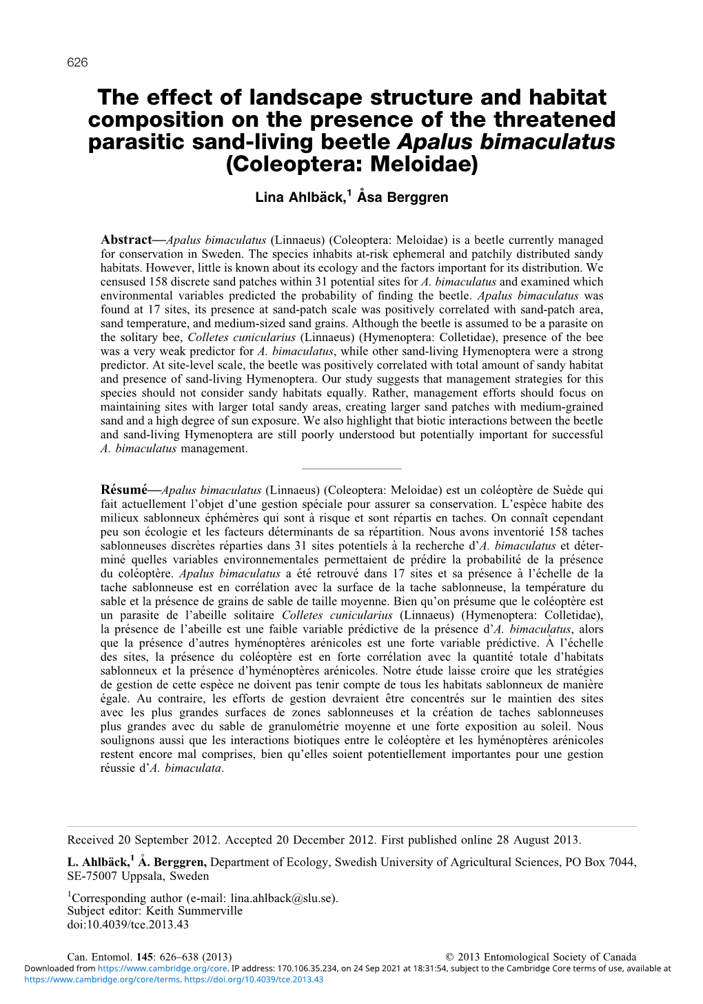 The Effect of Landscape Structure and Habitat Composition on the Presence of the Threatened Parasitic Sand-Living Beetle Apalus Bimaculatus (Coleoptera: Meloidae)