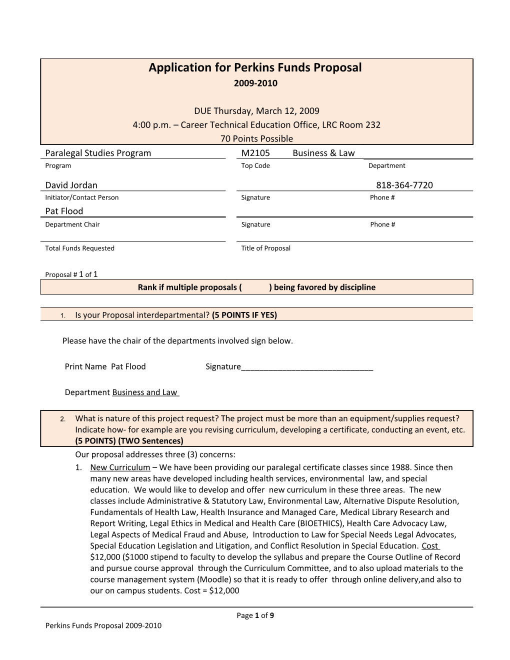 Application for Perkins Funds Proposal