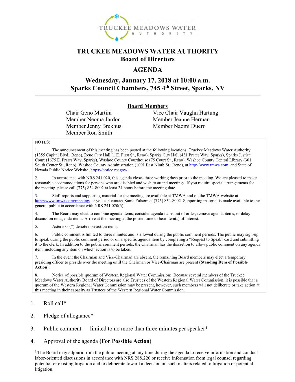 TRUCKEE MEADOWS WATER AUTHORITY Board of Directors AGENDA Wednesday, January 17, 2018 at 10:00 A.M