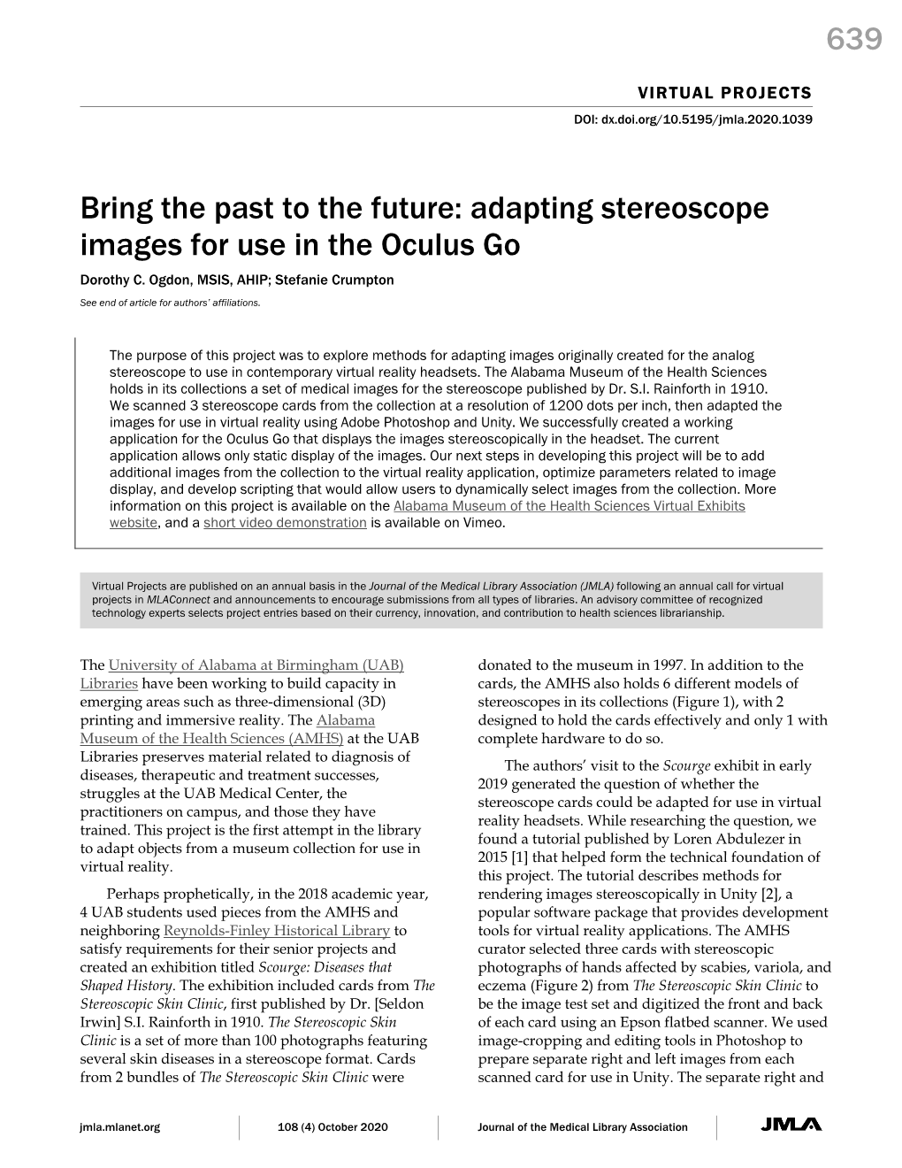 Adapting Stereoscope Images for Use in the Oculus Go Dorothy C