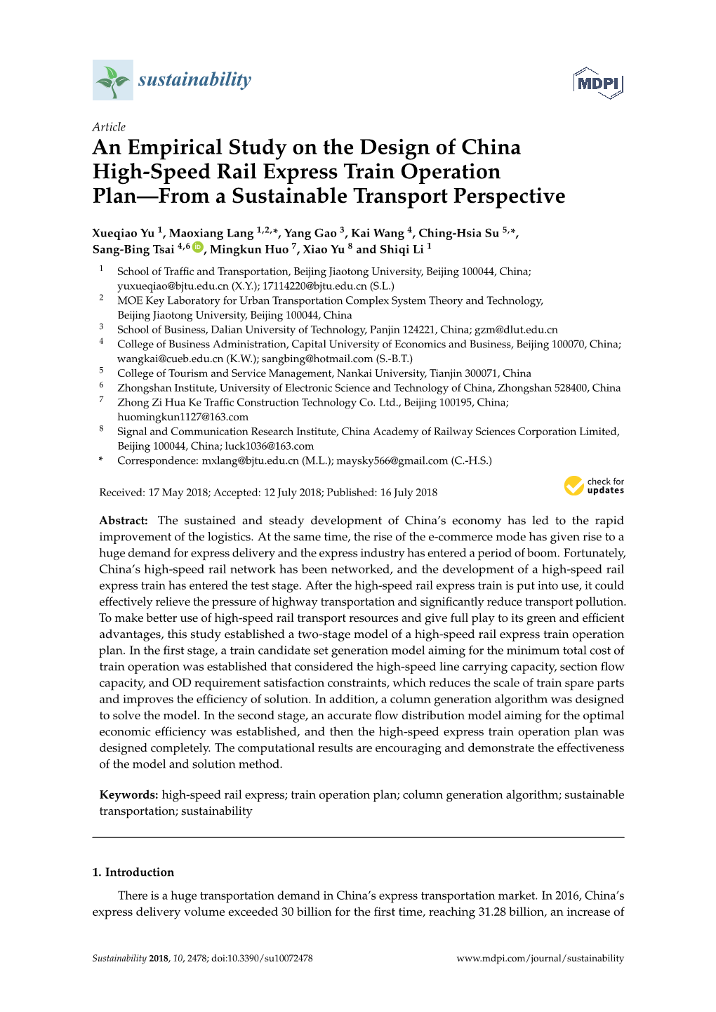 An Empirical Study on the Design of China High-Speed Rail Express Train Operation Plan—From a Sustainable Transport Perspective