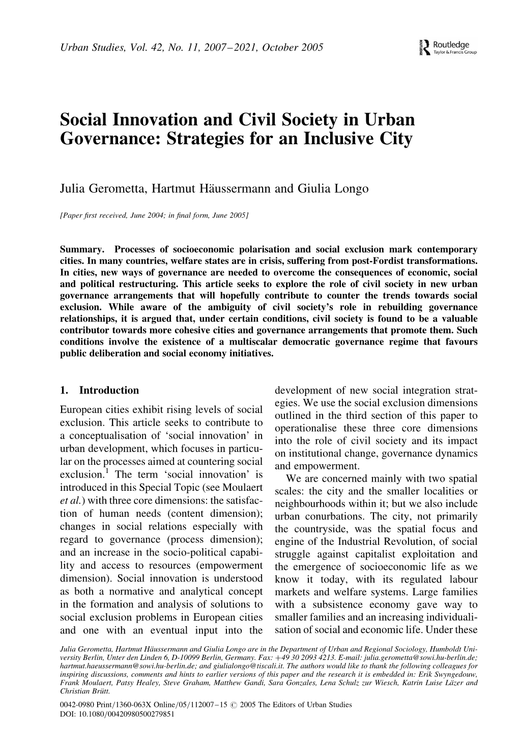 Social Innovation and Civil Society in Urban Governance: Strategies for an Inclusive City