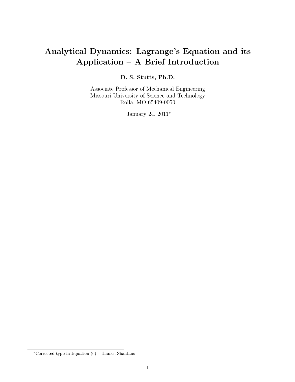 Analytical Dynamics: Lagrange's Equation and Its Application