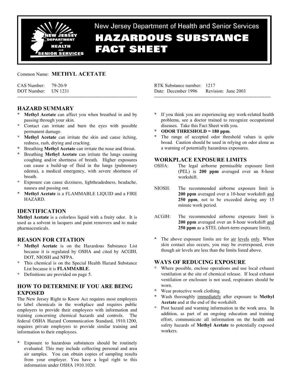 Methyl Acetate Hazard Summary Identification