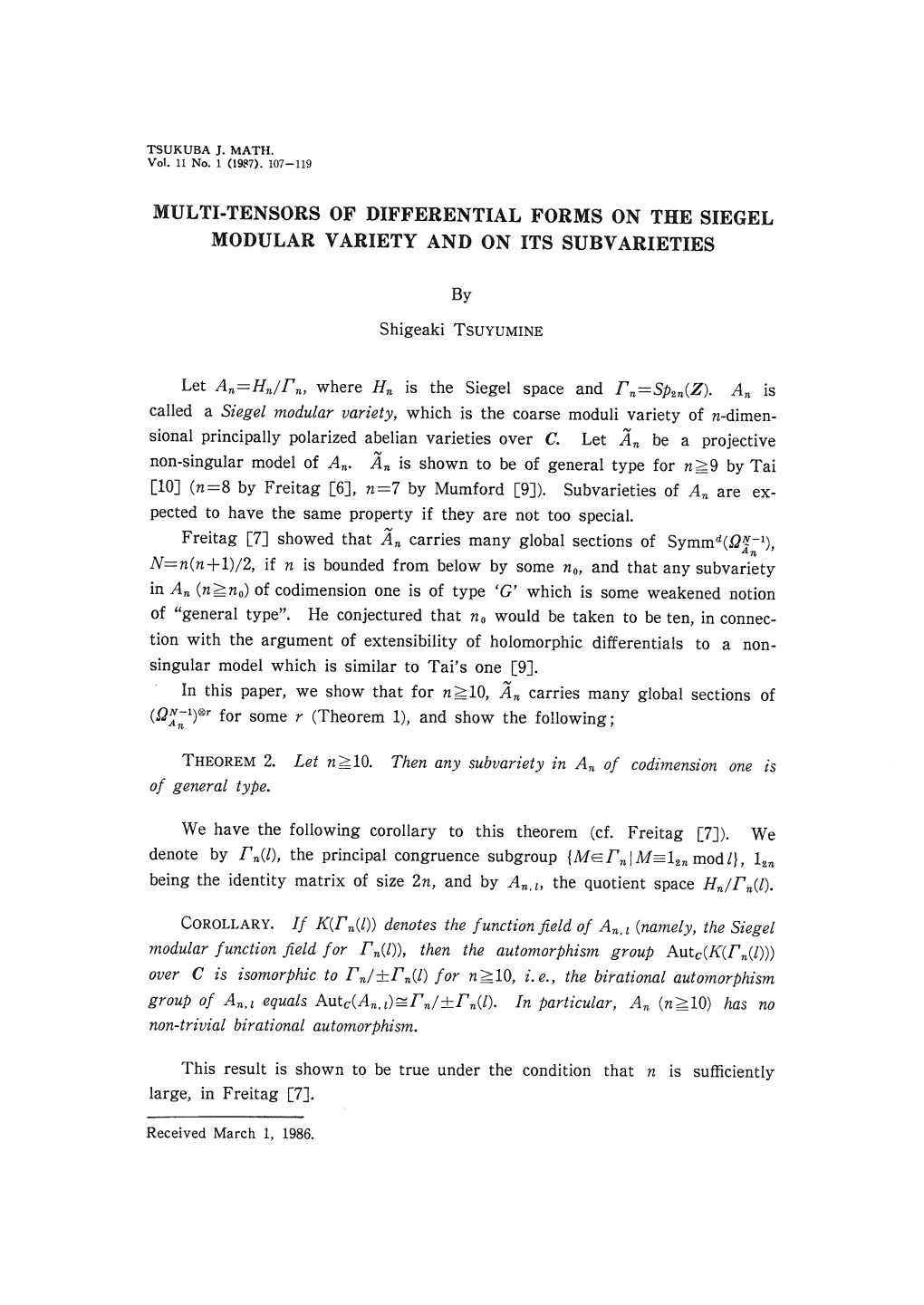 MULTI-TENSORS of DIFFERENTIAL FORMS on the SIEGEL MODULAR VARIETY and on ITS SUBVARIETIES by Shigeaki Tsuyumine