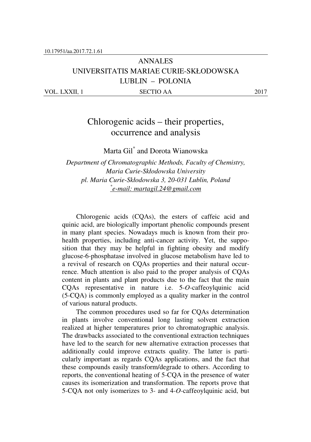 Chlorogenic Acids – Their Properties, Occurrence and Analysis