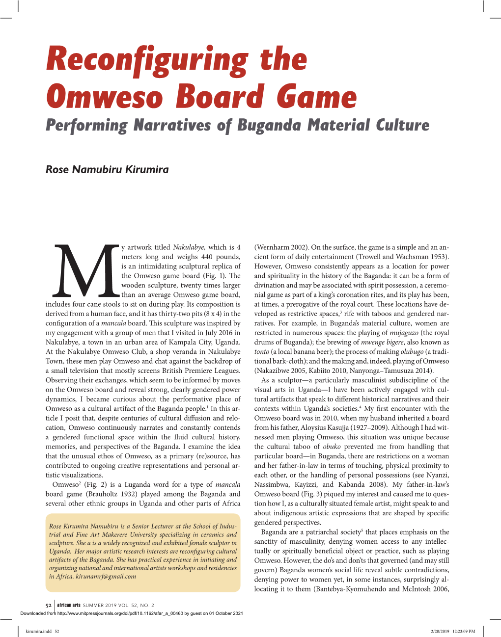 Reconfiguring the Omweso Board Game Performing Narratives of Buganda Material Culture