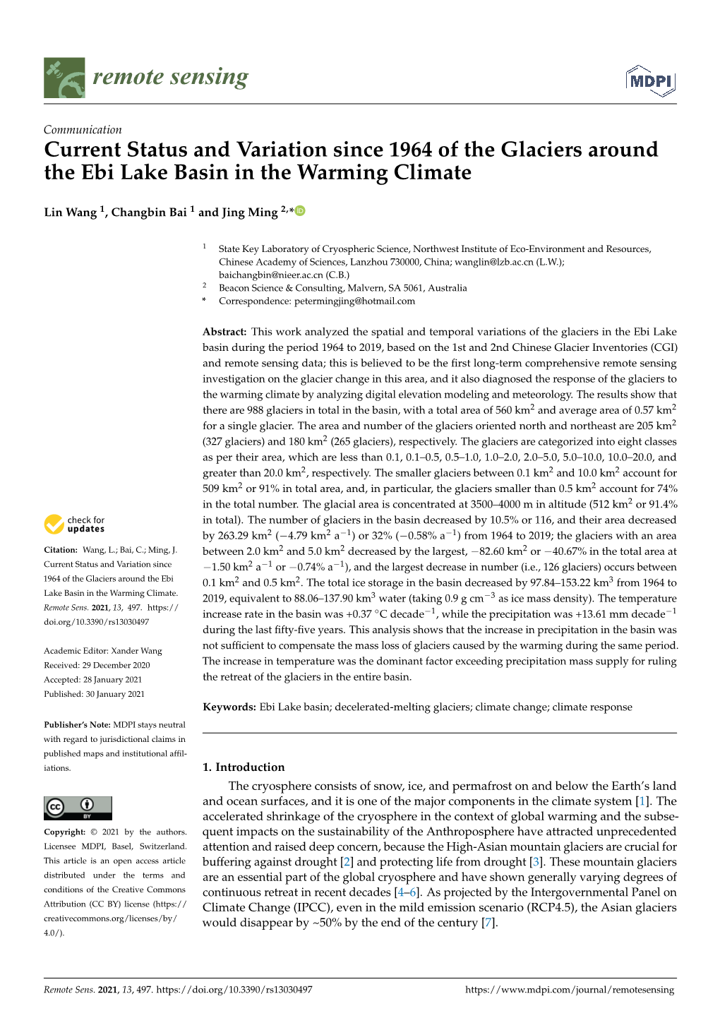 Current Status and Variation Since 1964 of the Glaciers Around the Ebi Lake Basin in the Warming Climate